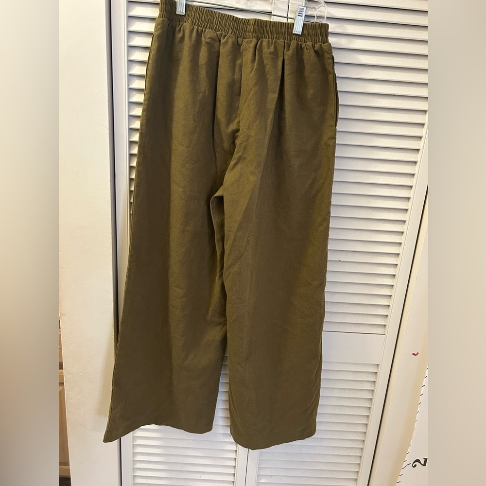 Wide Leg Olive Green Cotton/Linen Pants - Picture 4 of 4
